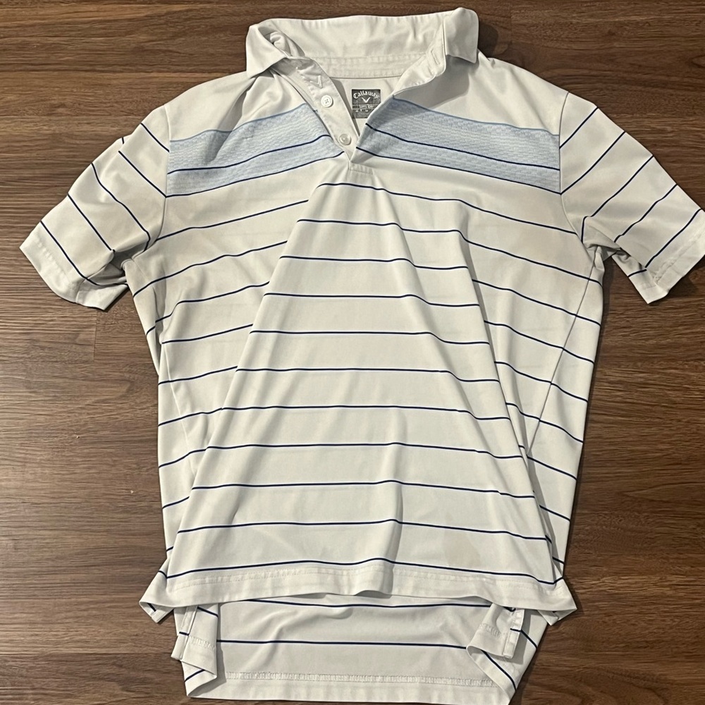 Callaway Men’s White and Blue Striped Golf Polo Size M